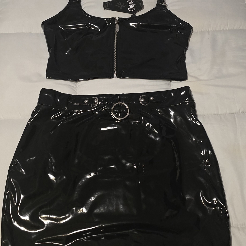 Killstar Black PVC Mini Skirt and Top with Ring Detail (RARE - NWT)